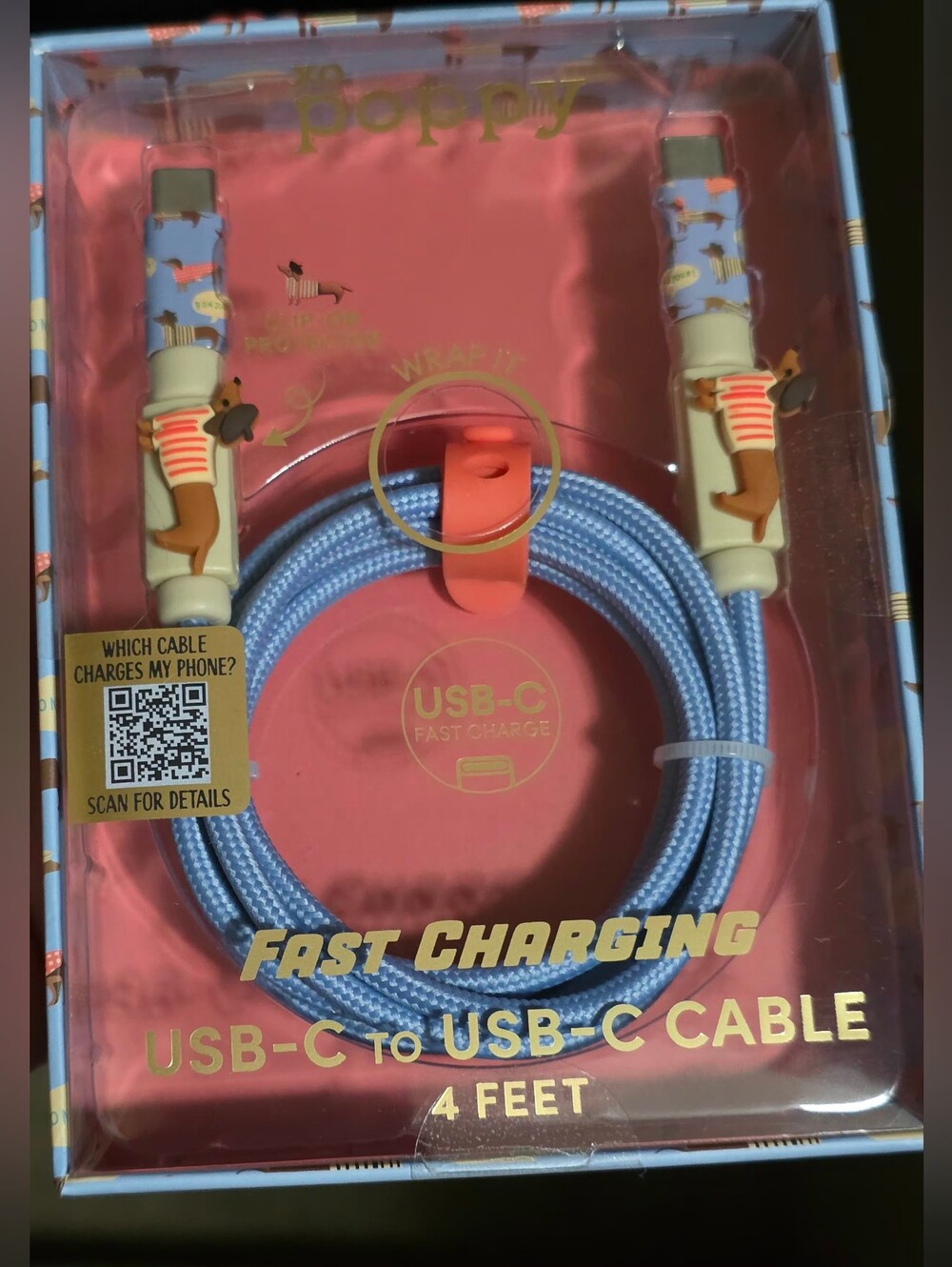 XO Poppy Fast Charge USB-C to USB-C Cable 4 ft Dachsund DOG NWT